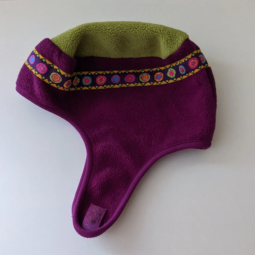 Vintage Girls Large Winter Hat Cherry Tree Fleece Under Chin Closure Ribbon Trim